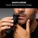 Cordless hair trimmer shaping facial hair edges and neckline