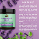 Lavender Mint hair butter jar with “how to use” panel and purple lavender sprigs
