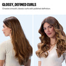 Curling attachment styling long hair into defined glossy curls