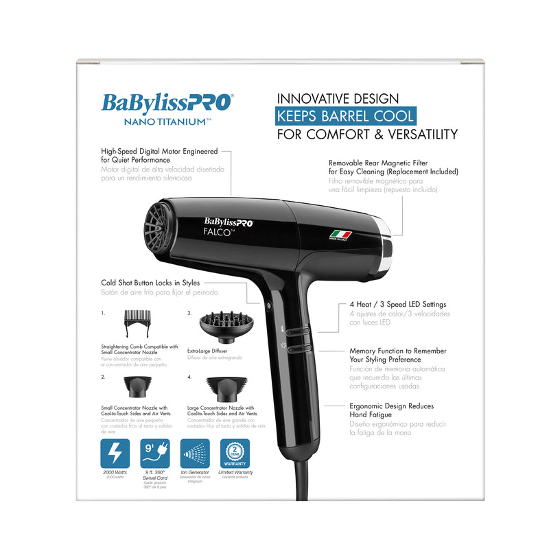 BaBylissPRO Nano Titanium Professional Italian High-Speed Falco Hair Dryer - Black (BNT8550B)