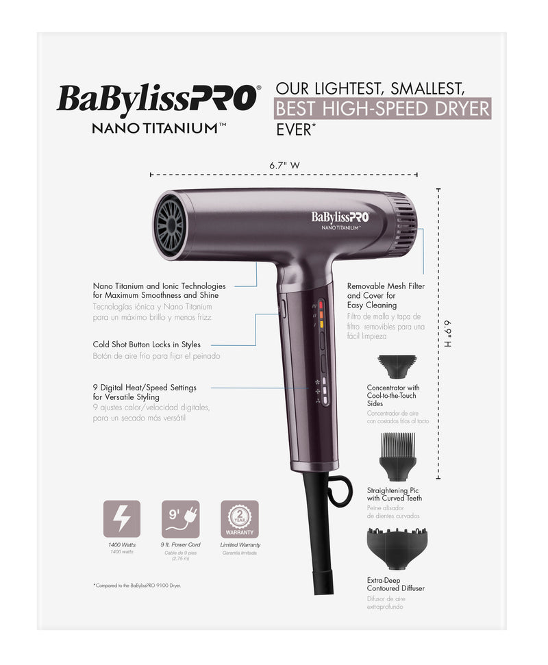 BaBylissPRO Nano Light Ionic Hair Dryer - Purple (BNTC9200P)