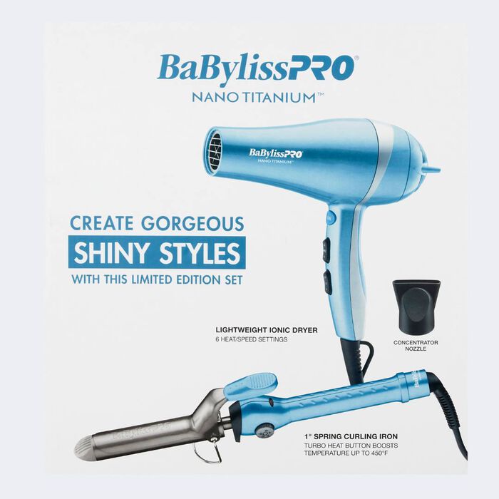 BaBylissPRO Nano Titanium Lightweight Ionic Hair Dryer & 1" Spring Curling Iron Value Pack (BNTPP68)