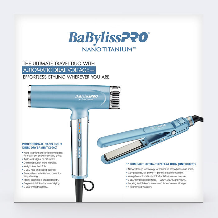BaBylissPRO Limited Edition Nano Titanium Nano Light Ionic Dryer & 1" Compact Ultra-Thin Flat Iron Value Set (BNTPP79)