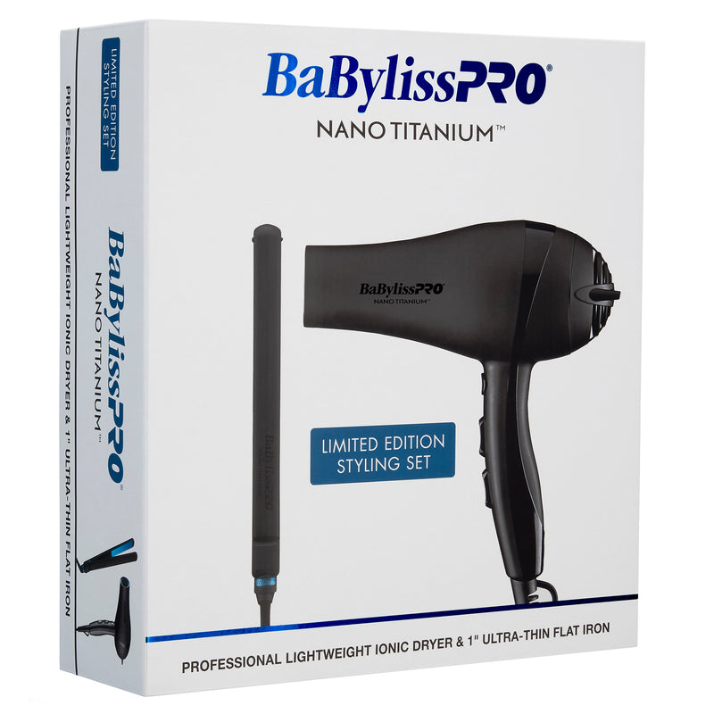 BaBylissPRO Nano Titanium Lightweight Ionic Hair Dryer & 1" Ultra-Thin Flat Iron Value Set - Matte Black (BNTPPMB415)