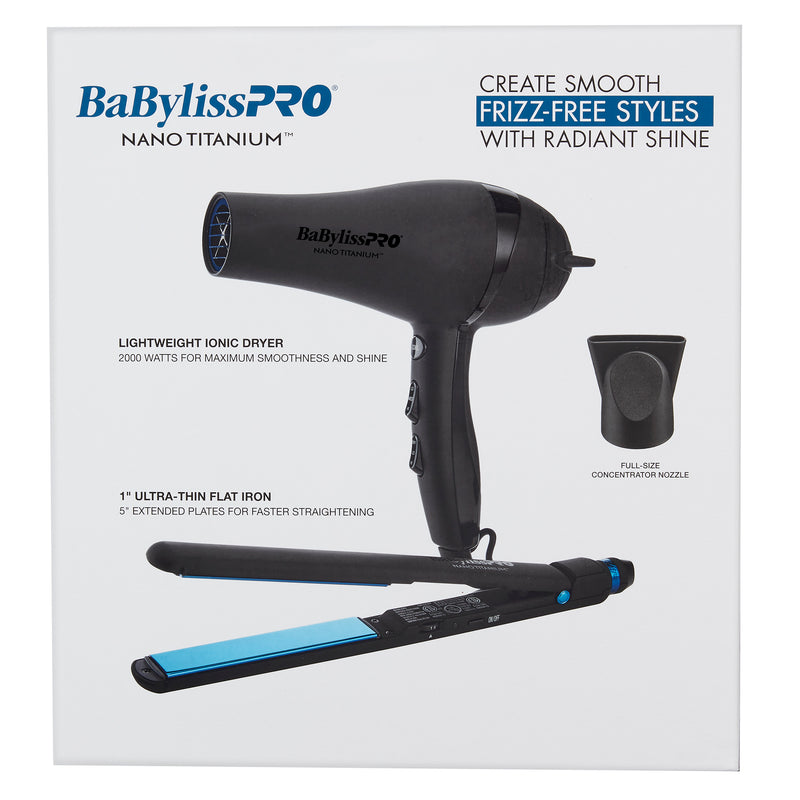 BaBylissPRO Nano Titanium Lightweight Ionic Hair Dryer & 1" Ultra-Thin Flat Iron Value Set - Matte Black (BNTPPMB415)