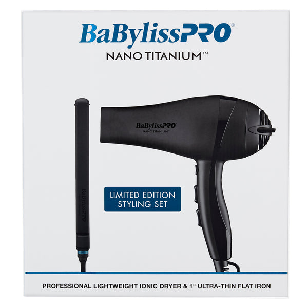 BaBylissPRO Nano Titanium Lightweight Ionic Hair Dryer & 1" Ultra-Thin Flat Iron Value Set - Matte Black (BNTPPMB415)