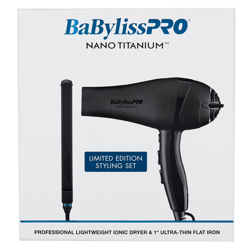 BaBylissPRO Nano Titanium Lightweight Ionic Hair Dryer & 1" Ultra-Thin Flat Iron Value Set - Matte Black (BNTPPMB415)