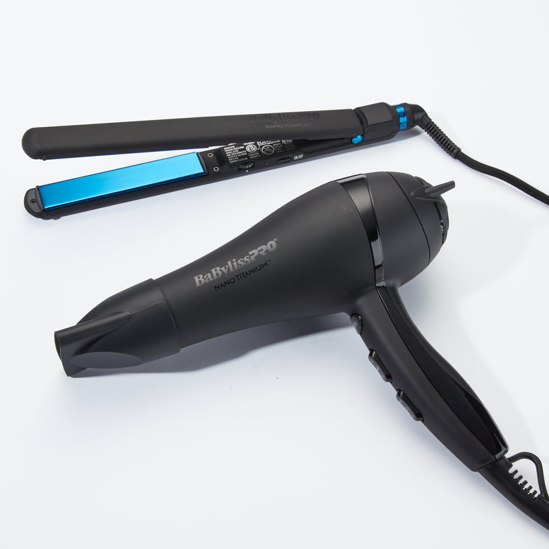 BaBylissPRO Nano Titanium Lightweight Ionic Hair Dryer & 1" Ultra-Thin Flat Iron Value Set - Matte Black (BNTPPMB415)