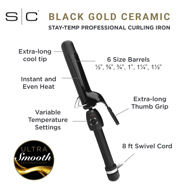 StyleCraft Black Gold Professional Curling Iron w/ Ceramic Barrel