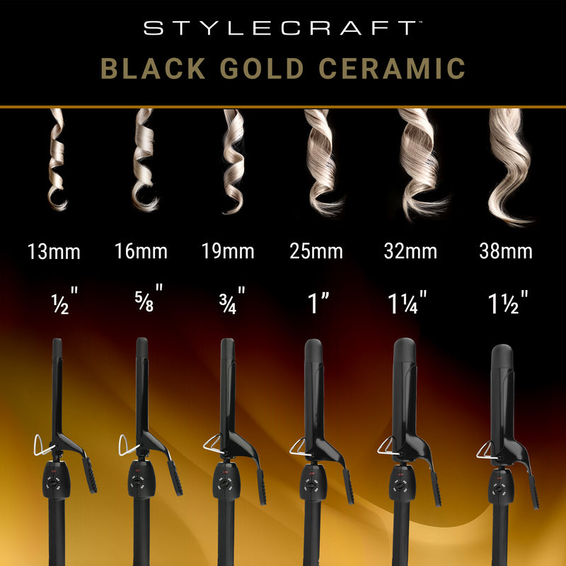 StyleCraft Black Gold Professional Curling Iron w/ Ceramic Barrel