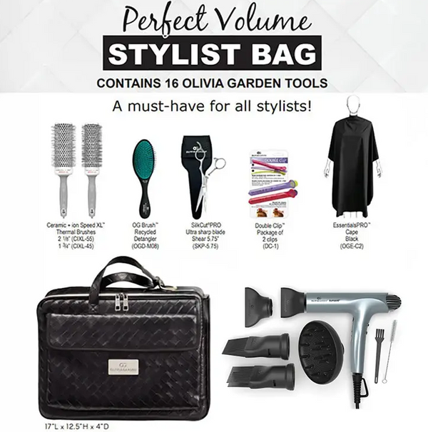 Olivia Garden Perfect Volume 16pc Stylist Tool Bag Kit w/ Super HP Hair Dryer