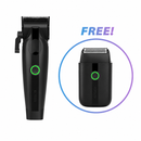 Black cordless hair clipper with lever and green power button
