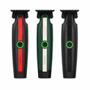 Cordless hair trimmers in black & red, green & white, and black; indicator ring