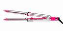 Pink and silver hair flat iron with long plates and black swivel cord