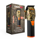 Camo cordless hair clipper with retail box, black body and orange blade lever