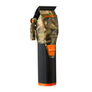 Cordless hair clipper in camo with side view, black grip, orange lever on blade