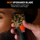 Cordless hair clipper with camo head and orange lever held to beard area
