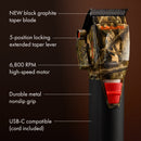 Cordless clipper showing camo top, black body, orange blade lever and guards