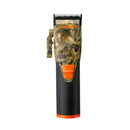 Cordless hair clipper with camo blade guard and black body, orange control panel