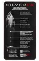 Cordless hair clipper retail box back panel with feature text and diagram