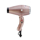 Rose gold ionic hair dryer side view with black hanging loop and controls