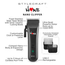 Black hair clipper with guide guards and green indicator light, shown front