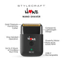 StyleCraft Nano shaver front view with gold titanium foil, compact rechargeable design