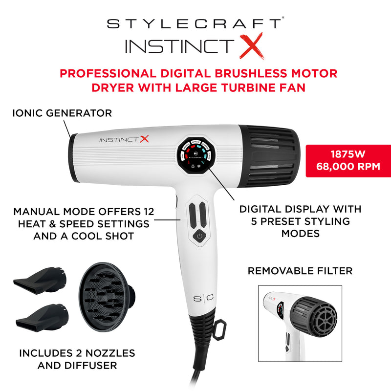 StyleCraft Instinct X Professional Hair Dryer w/ Brushless Motor & Digital Display (SC105B)