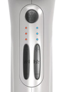 White hair dryer with airflow dial and six colored indicator lights