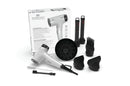 Hair dryer kit with diffuser, attachments, and power cord laid out