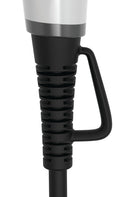 Hair dryer with ribbed black cord strain relief and curved handle