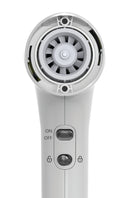Hair dryer rear grille with fan vents and ON/OFF control button