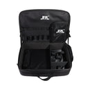 Black barber tool case with interior compartments, tool roll, and zipper lid