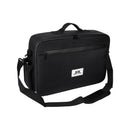 Black rectangular travel case with top handle, front logo patch, and crossbody strap