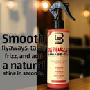 Hair detangling spray bottle with black trigger sprayer and beige pink label.