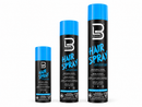 Hair spray bottles set of three, blue caps on black cans with LEVEL3 branding.