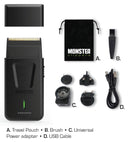 Monster Clippers Assassin foil shaver kit with travel pouch, brush, adapter, USB cable