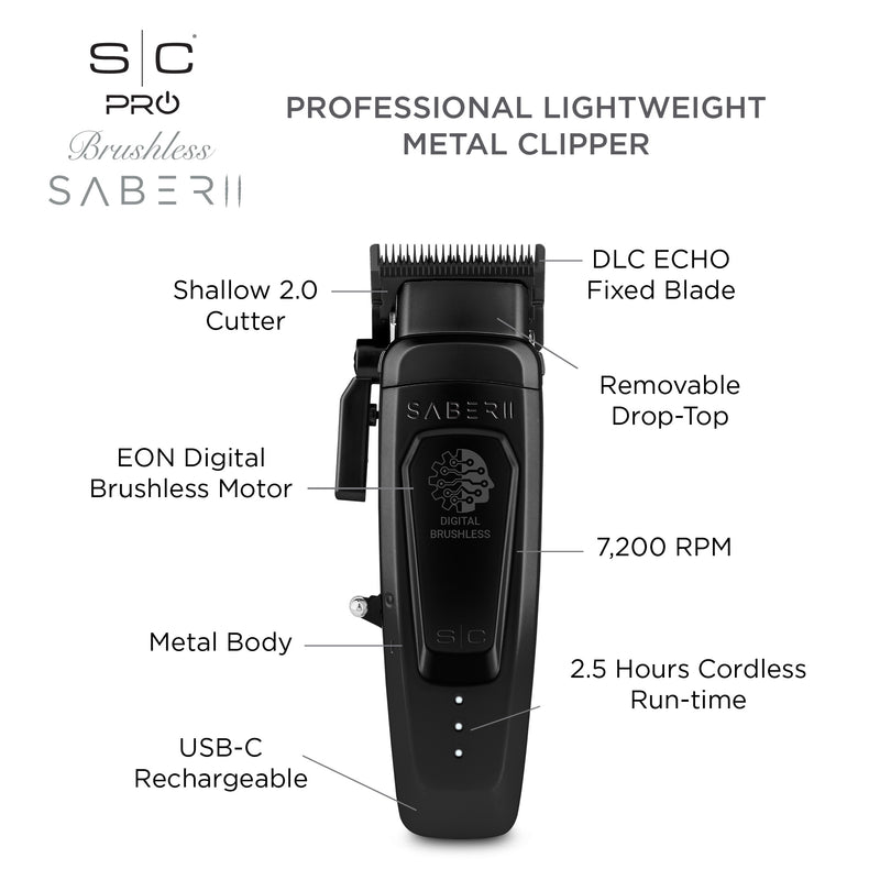 StyleCraft Saber 2.0 Cordless Modular Clipper w/ High-Torque Digital Brushless Motor - Black (SC617B) [PRE-ORDER]