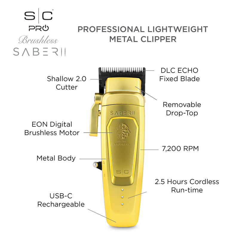 StyleCraft Saber 2.0 Cordless Modular Clipper w/ High-Torque Digital Brushless Motor - Gold (SC617M) [PRE-ORDER]