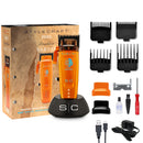 Orange cordless hair clipper kit with guards, attachments, charger, and accessories