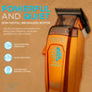 Orange hair clipper close-up with open blade housing and digital motor design