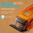 Orange cordless hair clipper with lever control and transparent blade guard