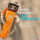 Orange cordless hair clipper with digital brushless motor, side view in glove hand
