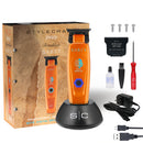 Orange hair trimmer kit with stand, charging cord, guards, brush, and tools