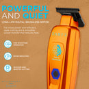 Orange hair trimmer with black blade, blue control button, and digital brushless badge