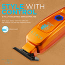 Orange hair trimmer with adjustable zero-gap blade and blue hex control