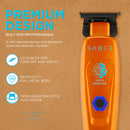 Orange cordless hair trimmer with black blade, blue power hex, and digital label