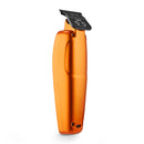 Orange cordless trimmer with black trimming head, side view of control panel