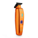 Orange cordless trimmer, side view with branding and blue hex control icon