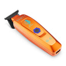 Orange cordless trimmer angled view with black cutting head and blue hex icon